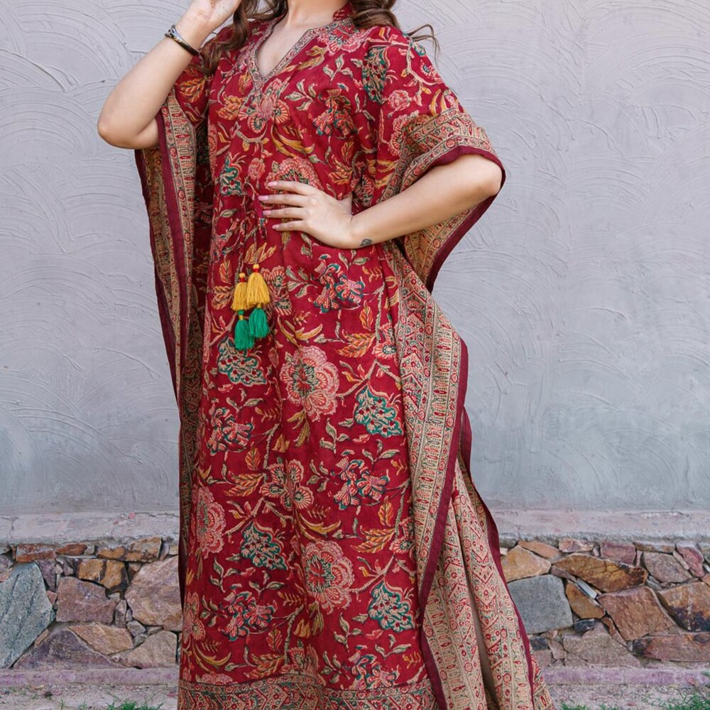BRICK RED FLORAL BLOCK PRINT COTTON KAFTAN FOR WOMEN - Picture 3 of 5